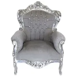 Casa Padrino Barock Sessel King Grau / Silber mit Glitzersteinen - Eleganter Barock Sessel mit stilvollen Glitzersteinen. Perfekt für ein nobles Ambiente. Hochwertige Verarbeitung und einladender Komfort für Ihr Zuhause.