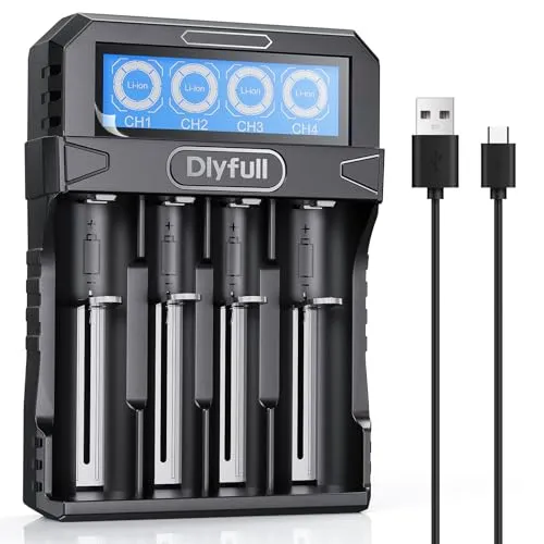 Dlyfull 18650 Ladegerät, Universal Akku Ladegerät LCD-Display für 3,7V Li-Ion Akku 18650 21700 18700 26650 22650 20700 16340(RCR123) 14500 Tragbares USB-C Batterieladegerät, 4 Fach