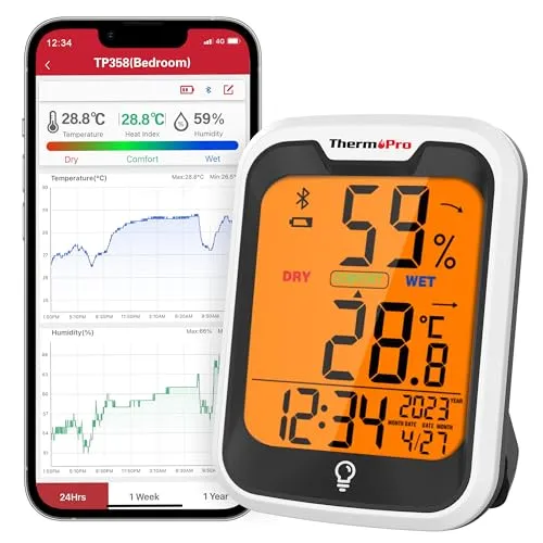 ThermoPro TP358 Bluetooth Hygrometer Innen Raumthermometer mit Uhrzeit 0.5℃ Genau Nachtlicht Luftfeuchtigkeitsmesser mit Aufzeichnung Thermometer Innen für Schlafzimmer, Büro, Weinkeller, Gewächshaus