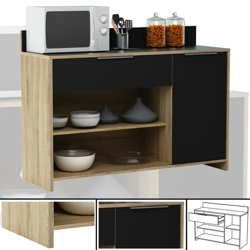 Küchenschrank 223 - Modernes Küchenregal aus Eiche Schwarz - Schränke & Wandschränke, Freistehender Buffetschrank mit 4 Regalfächern und Schubfächern, ideal für platzsparende und stilvolle Aufbewahrung in der Küche.