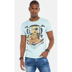 T-Shirt CIPO & BAXX "T-Shirts", Herren, Gr. L, blau (hellblau), 95% Baumwolle;5% Elasthan, bedruckt, casual, regular fit, Rundhals, Kurzarm gerader Abschluss, Shirts, mit Baby Pirat und Label-Details, CT-485