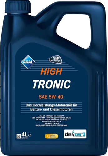 Aral HighTronic 5W-40 Motoröl, 4L - Hochleistungs-Leichtlaufmotorenöl mit Aral-Synthese-Technologie, ideal für moderne Motoren. Erfüllt zahlreiche Freigaben, sorgt für optimalen Schutz und Leistung.