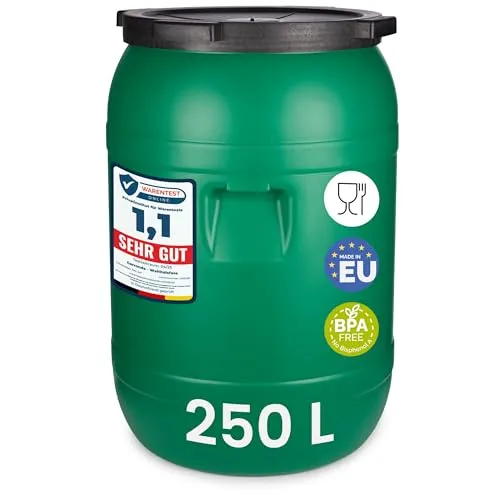 Garronda Weithalsfass 250 L – BPA-freier Futterbehälter mit Deckel - Hochwertiger, lebensmittelechter Vorratsbehälter für Wasser, Futter und fermentierte Produkte. Ideal für hygienische Lagerung und einfachen Transport. Praktisches Design für vielseitige Nutzung im Haushalt und Garten.