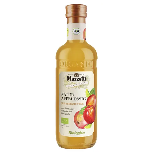 Mazzetti Bio Apfelessig - Naturtrüb und ungefiltert, 500ml - Essig aus italienischen Bio-Äpfeln mit reiner Essigmutter, reich an Nährstoffen und Antioxidantien, 100% vegan und nicht pasteurisiert.