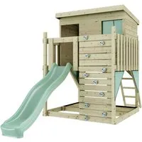 OutdoorToys Spielturm grün - Spielplatzgerät aus robustem Holz in mintgrün, ideal für Kinder ab 3 Jahren. Fördert die Kreativität und Bewegungsfreude im eigenen Garten.
