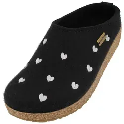 Haflinger Grizzly Cuoricino Filzclog – Unisex Hausschuh mit Herzmotiv - Bequemer Filzclog in Schwarz Silber, ideal für Zuhause. Hochwertiger Wollfilz und Kork-Latex-Fußbett bieten Komfort und Wärme.