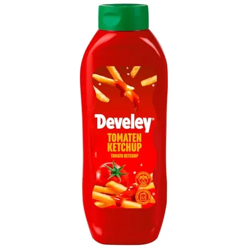 Develey Tomaten Ketchup fruchtig mild – Vorratspack 4x875ml - Leckeres, fruchtig-mildes Ketchup im praktischen Vorratspack für Grillabende und Snacks. Ideal zum Verfeinern von Gerichten und perfekt zum Dippen!