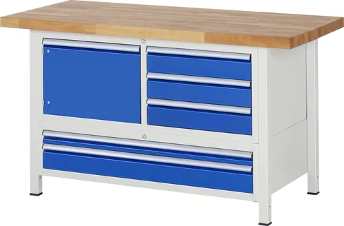 RAU Werkbank 1500x700x840-1040mm mit 5 Schubladen und 1 Tür - Robuste Werkbank mit massiver Buchenplatte, höhenverstellbar und 5 praktischen Schubladen. Ideal für vielseitige Einsätze in Werkstätten und Garagen.