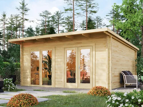 Fjordholz Gartenhaus Modell Berlin 70 D Modern mit Pultdach - Robustes Gartenhaus mit 70mm starken Wänden aus nordischer Fichte. Ideal für Gartenliebhaber, die Qualität und Design schätzen. Optionale Anpassungen in Größe und Farbe verfügbar.