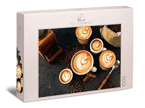 Ulmer Puzzleschmiede - Puzzle „Kaffee-Leidenschaft“ - Klassisches 1000 Teile Puzzle - Abwechslungsreiches Motiv mit Espresso-Tassen, Kaffee-Bohnen und Kaffee-Accessoires - Puzzle Made in Germany