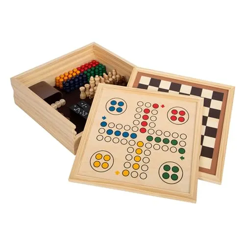 Small Foot Spielesammlung 7 Klassiker - Gesellschaftsspiele aus Holz für die ganze Familie, ideal für Spieleabende mit Anleitung und Aufbewahrungskiste
