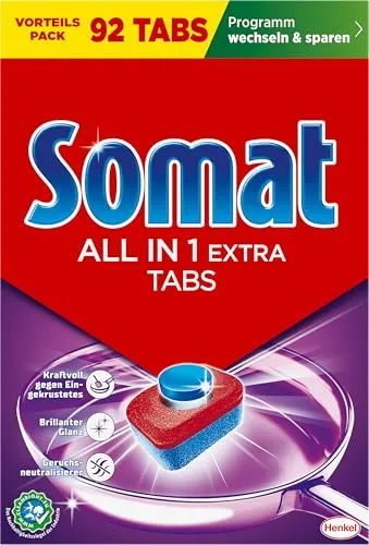 Somat All in 1 Extra Spülmaschinen Tabs (92 Tabs) - Effektive Geschirrreinigung für strahlend sauberes Geschirr, auch im Eco-Programm. Kraftvoll gegen Eingekrustetes, ohne Einweichen oder Rückstände. Ideal für alle spülmaschinenfesten Materialien.
