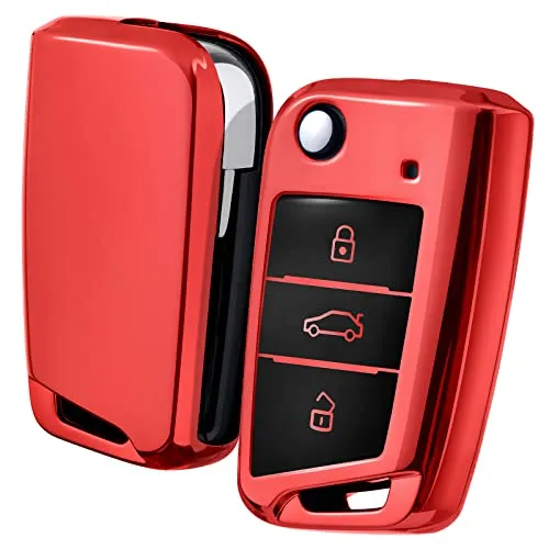 OATSBASF Autoschlüssel Hülle VW, VW Golf 7 Schlüsselhülle, Schlüsselbox Cover für VW Polo, Skoda, Tiguan, MK7 3-Tasten (Rot)
