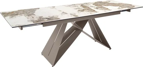 Angel Cerda Esstisch 180x76x90 cm – Modernes Design in Weiß und Gold - Eleganter ausziehbarer Esstisch aus Porzellanmarmor mit taupefarbenen Stahlbeinen. Ideal für gesellige Anlässe, passt sich flexibel an Ihre Bedürfnisse an und bietet Platz für bis zu 10 Gäste.