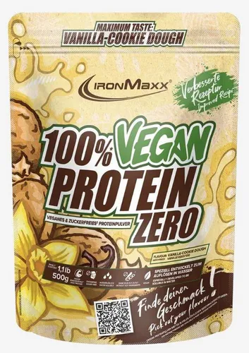 Ironmaxx 100% Vegan Protein Zero – 500g Vanilla Cookie Dough Pulver - Das Ironmaxx 100% Vegan Protein Zero ist ein pflanzliches Eiweißpulver für proteinreiche Getränke. Zuckerfrei und mit 74% Protein pro 100g, ideal für die Zubereitung mit pflanzlichen Flüssigkeiten. Perfekt für Sportler!