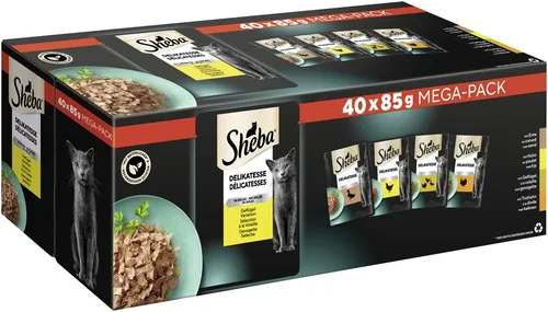 Sheba Katzennassfutter Delikatesse in Gelee, 40 Portionsbeutel - Beutelfutter für Katzen mit feiner Geflügel Variation: Huhn, Truthahn, Ente und Geflügel in schmelzendem Gelee. Ideal für verwöhnte Katzen und abwechslungsreiche Ernährung!