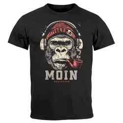 Neverless Print-Shirt Herren T-Shirt Moin Schriftzug Gorilla Möwe Musik Aufdruck Brustprint mit Print schwarz L