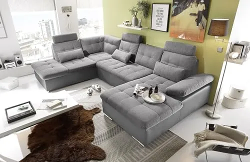 JAKARTA Wohnlandschaft U-Form - Ausziehbares Sofa mit Schlaffunktion - Sofagarnituren - Modernes Design mit hochwertigem Stoffbezug, ausziehbare Liegefläche für bequemen Schlafplatz und integrierter Bettkasten für praktischen Stauraum.