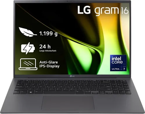 LG gram 16 Zoll Notebook - Leichtgewicht mit Intel Core Ultra7 - Normale Laptop-Computer mit nur 1199 g, 32 GB RAM und 2 TB SSD, ideal für maximale Mobilität und bis zu 24 Stunden Akkulaufzeit.