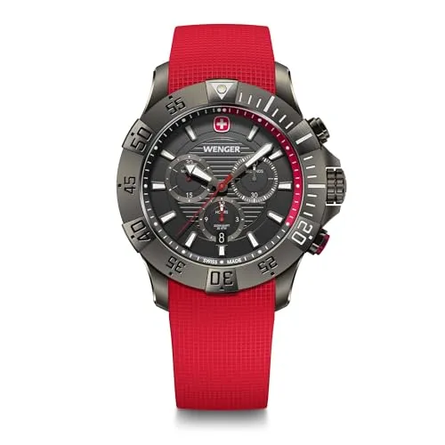 Wenger Seaforce Chronograph 01.0643.128 - Rot/Grau, 20ATM - Chronograph für Herren mit 20ATM Wasserdichtigkeit, Swiss Made Uhrwerk und sportlichem Design. Perfekt für Abenteuer und den Alltag.