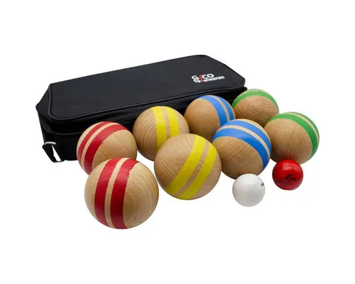 GICO Boccia Spiel aus Massivholz, gestreift mit 8 Kugeln - Bodenspiele: Hochwertiges Boccia Spiel aus Massivholz mit 8 stabilen Kugeln (Durchmesser 7 cm) für stundenlangen Spielspaß im Garten oder am Strand. Ideal für die ganze Familie!