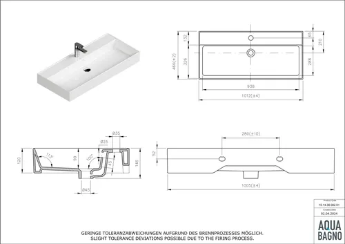 Aqua Bagno Waschbecken Möbelwaschtisch 100cm weiß eckig - Moderne Wandmontage Waschbecken, überzeugt mit dünnem Rand und elegantem Design – ideal für ein stilvolles Badezimmer.