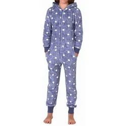 Normann Pyjama Kuschelig warmer Mädchen Jumpsuit Schlafanzug Overall aus Coralfleece blau 140