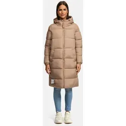 MARIKOO Damen Winterjacke N024 - Steppjacke in Taupe-Grey, lang geschnitten mit gefütterter Kapuze und 4 praktischen Taschen, ideal für kalte Tage
