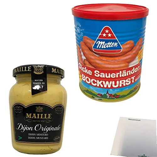 Metten Dicke Sauerländer Bockwurst 5x80g (1x400g Dose) Maille Dijon Senf (215g Glas) + usy Block