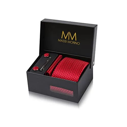 Massi Morino Krawatte Rot Kariert Set mit Einstecktuch und Manschettenknöpfen - Krawatten & Fliegen-Sets für Herren: 5-in-1 Geschenkset mit hochwertiger Krawatte, Einstecktuch, Manschettenknöpfen und Krawattennadel für einen eleganten Auftritt.