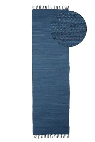 carpetfine Flickenteppich Kelim Chindi Uni Läufer Blau 60x180 cm, handgewebt - Handgewebter Flickenteppich im Boho-Look, perfekt für Wohnzimmer und Essbereiche. Die hochwertige Baumwolle sorgt für ein gemütliches Ambiente. Pflegeleicht und für Fußbodenheizung geeignet.