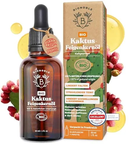 BIONOBLE Kaktusfeigenkernöl Bio Kaltgepresst - 100% Rein, Natürlich - Anti-Aging, Gegen Falten und Augenringe - Kaktusfeigenöl für Gesicht - Prickly Pear Seed Oil - Glasflasche mit Pipette - 30ml