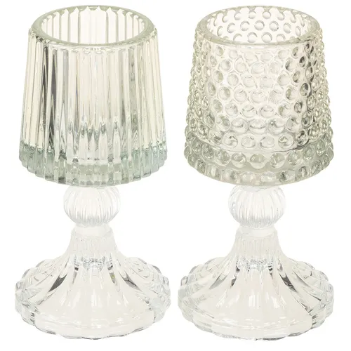 Glas Teelichthalter Vintage Design mit Punkt- und Rillenstruktur, 2 Stück