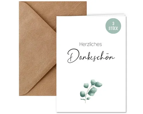 Things of Happiness Grußkarte Set Dankeskarten Eucalyptus, Karte Herzliches Dankeschön, Postkarte Danke (3 Stück)