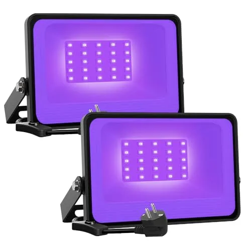 Onforu 2 er 30W LED Schwarzlicht Strahler, UV Fluter mit Stecker, IP66 Wasserdicht Schwarzlichtlampe, Fluoreszenz Blacklight mit Schalter, UV Scheinwerfer Partylicht für Bar, Neonfarben, Party Deko