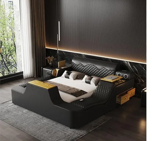 Doppel Luxus Leder Bett mit Massagefunktion und Bluetooth - Moderne Betten für Erwachsene, 240x265 cm, mit Massagefunktion für entspannende Nächte und Bluetooth für Unterhaltung im Schlafzimmer.