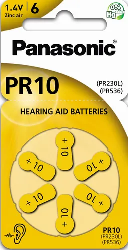 Panasonic PR 10 - Hochleistungsbatterien für Hörgeräte, 6 Stück in gelber Farbcode für längere Lebensdauer