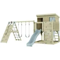 PolarPlay Spielturm Aksel aus Holz in Blau - Schaukeln für Kinder, hochwertiger Massivholz-Spielturm mit einfacher Montage und Sicherheitszertifizierung nach DIN EN 71 für sorgenfreies Spielen.