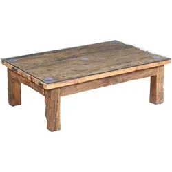 Marrakesch Couchtisch Aafke 120x80 cm - Rustikaler Couchtisch aus nachhaltigem Sleeper Wood mit 8 mm Glasplatte, ein handgefertigtes Unikat im Industrial Look - perfekt für stilvolle Wohnräume.