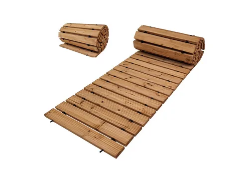 TRUTZHOLM Holzpfad ausrollbar 250x43x2 cm - Rasenkanten und wetterfester Holzweg aus rustikalem Tannenholz mit rutschfester Oberfläche, ideal für Garten und Veranstaltungen – sofort einsatzbereit und platzsparend verstaut.