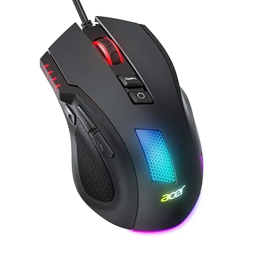 Acer Gaming Maus mit Kabel 12800 DPI, Wired Computer Mouse Gaming mit Treiber, 1000Hz Abfragerate und 8 Programmierbare Tasten, Schnellfeuertaste und RGB-Leuchten, PC Maus Gaming Ideal für PC/Laptop