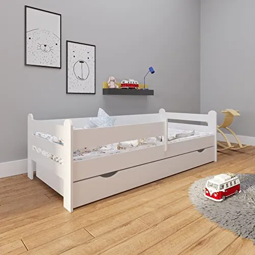 Kids Collective Kinderbett 80x160 | 90x200 cm mit Rausfallschutz - Kleinkindbett mit beidseitig anbringbarem Rausfallschutz, inklusive Lattenrost und praktischer Schublade für mehr Ordnung im Kinderzimmer.
