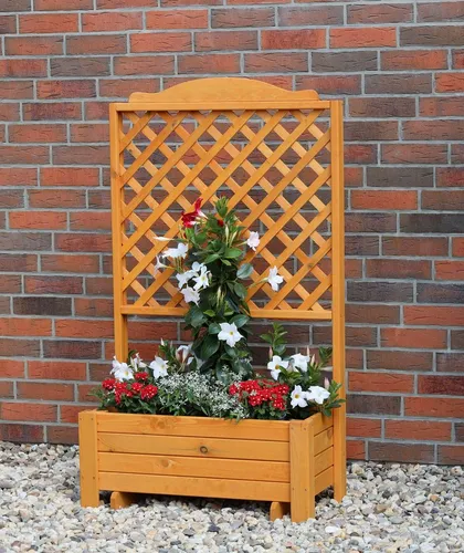 promadino Spalier Romantica mit Pflanzkasten – 80x38x140 cm, honigbraun - Pflanzenkästen & Spaliere: Bepflanzbares, winterfestes Spalier aus witterungsbeständigem Kiefernholz mit 54 l Pflanzkasten für eine schöne Gartenästhetik.