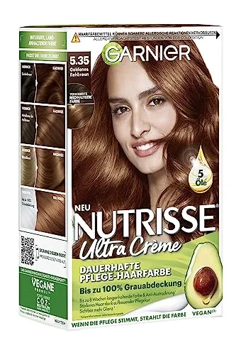 Garnier Nutrisse Dauerhafte Pflege-Haarfarbe 5.35 Goldenes Rehbraun - Färbemittel mit 8 Wochen Halt, 100% Grauabdeckung und nährenden Fruchtölen für seidig strahlendes Haar. Einfach anzuwenden mit Anti-Austrocknungs-Formel für volles Glanz-Erlebnis.