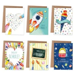 PAPIERDRACHEN Schulanfangskarte 6 Klappkarten zur Einschulung - Grüße für das Schulkind, inkl. Umschlag in Kraftpapieroptik weiß