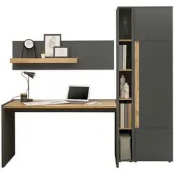 Furn.Design Schreibtischkombination, Grau & Wotan Eiche - Kinderschreibtische: Praktische 4-teilige Bürokombination mit viel Stauraum und eleganter Melaminbeschichtung für ein stilvolles und organisiertes Homeoffice.