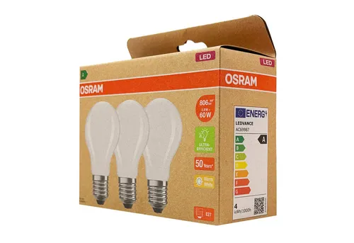 Osram LED Star Classic A60 – 3,8W E27 Warmweiß (30er-Pack) - OSRAM LED Star Classic A60 – 30 energieeffiziente Leuchtmittel für angenehmes, warmweißes Licht. Ideal für Wohnräume, mit einer Lebensdauer von bis zu 15.000 Stunden und sofortiger Helligkeit ohne Aufwärmen.