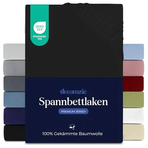 Dreamzie Premium Spannbettlaken 200x200 cm, Spannbetttuch für Dicke Matratzen bis zu 27 cm, Bettlaken 100% Jersey Baumwolle, 150 g/m², Oeko-TEX Zertifiziert - Schwarz