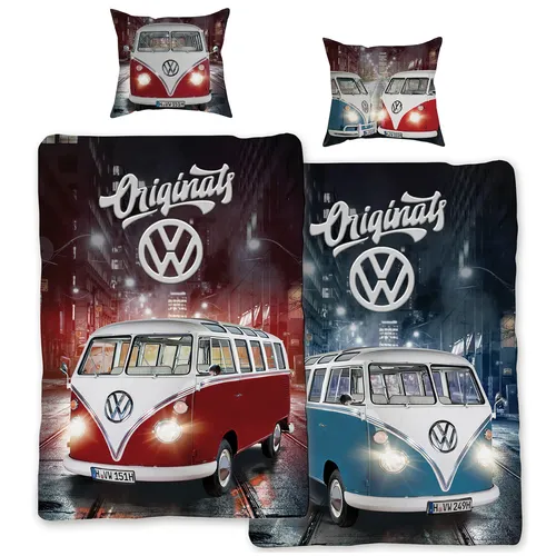 Linon Bettwäsche Volkswagen Orginals 135 x 200 cm – Bulli VW Kinderbettwäsche - Bettwäsche-Set für Kinder in buntem Volkswagen Design, aus 100% Baumwolle, waschmaschinen- und trocknergeeignet, mit praktischem Reißverschluss für einfachen Bezug.