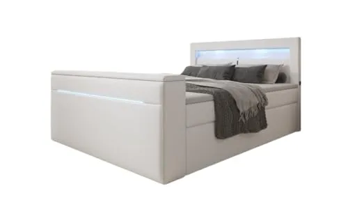 Luxusbetten24 Boxspringbett Repos 160x200 Doppelbett Polsterbett Bett mit TV Lift, USB und LED | Bezug: Kunstleder | Farbe: Weiß | Härtegrad: H3 (70-100kg)